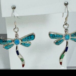 Native American Dragonfly Silver Earrings with Blue Accents